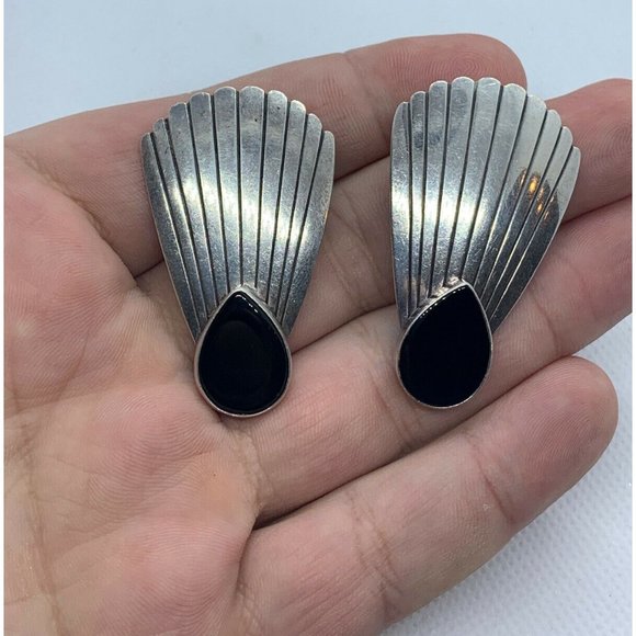 Vintage 925 Sterling Silver & Black Onyx Artist Signed Clip Earrings 14.6g - Picture 4 of 5